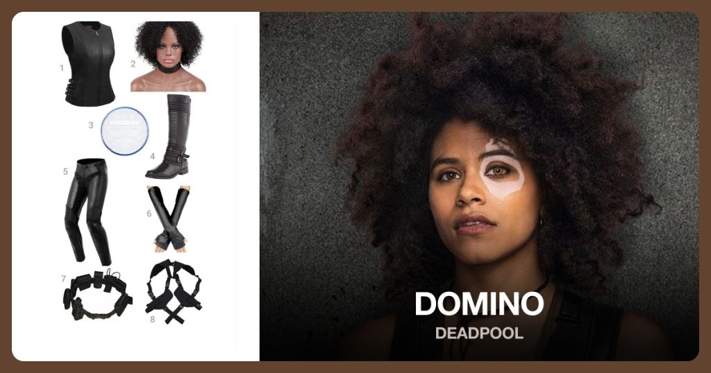 Zip Front Motorcycle Leather Vest, Curly Afro Female Wig, White Face Paint and Women’s Engineer Boot beside Domino