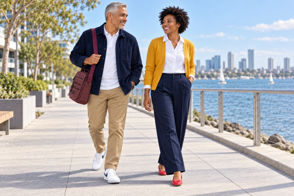 Two adults wearing complete Donald Duck-inspired everyday outfits with their linked shoes and accessories