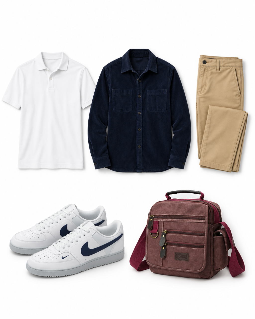 White polo, navy corduroy overshirt, dark-khaki chinos, white-and-navy sneakers and muted burgundy messenger bag arranged as a men’s complete outfit.