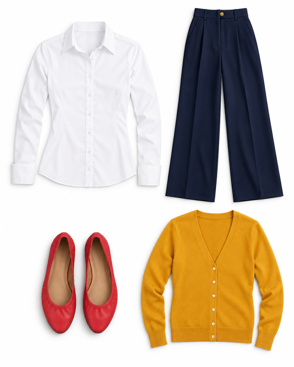 White blouse, navy wide-leg trousers, mustard cardigan and bright poppy-red ballet flats arranged as a women’s complete outfit.