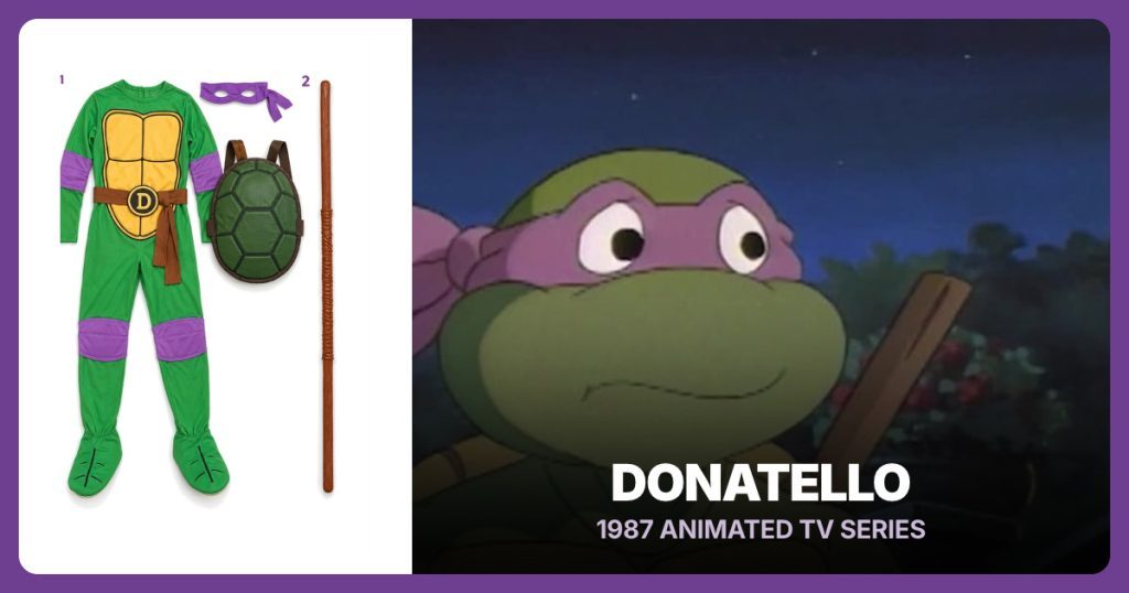 Donatello Adult Costume and Donatello Bo Staff Toy Prop beside Donatello