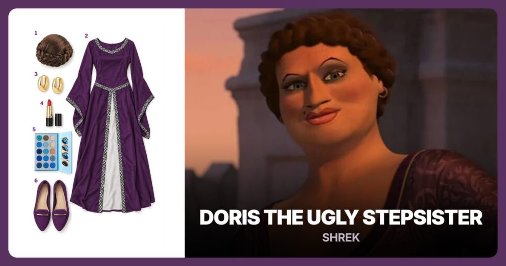Braided Hair Bun, Purple Renaissance Dress, Chunky Gold Hoop Earrings and Red Lipstick beside Doris the Ugly Stepsister