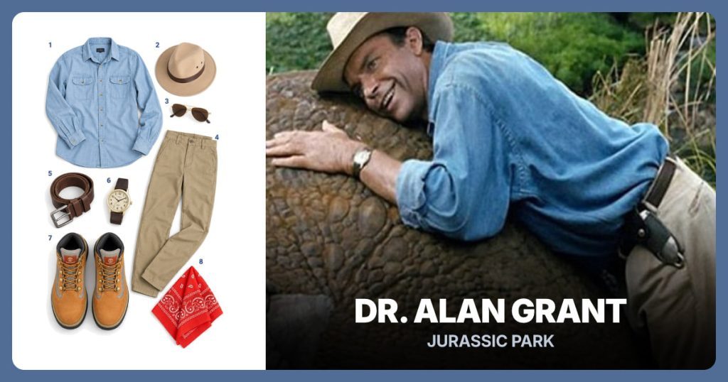 Light Blue Chambray Shirt, Men’s Safari Hat, Aviator Sunglasses and Dickies Men’s Flat Front Pant beside Dr. Alan Grant