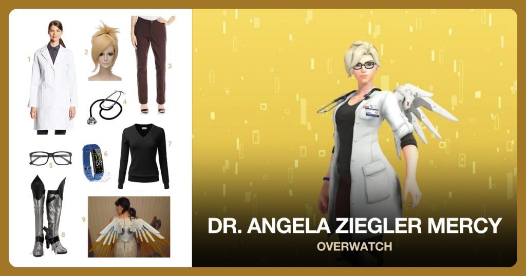 White Lab Coat, Mercy Blonde Wig, Brown Pants and Stethoscope beside Dr. Angela Ziegler Mercy
