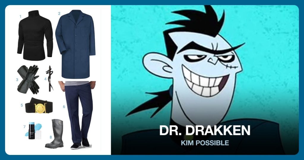 Men’s Navy Blue Lab Coat, Men’s Navy Blue Lab Coat, Men’s Black Leather Gloves and Black Eyeliner Pencil beside Dr. Drakken