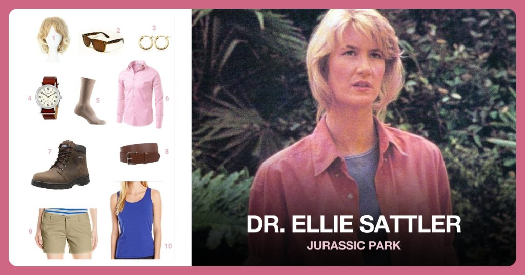 Blonde Women’s Short Curly Wig, Classic Rimmed Style Sunglasses and Small Hoop Earrings beside Dr. Ellie Sattler