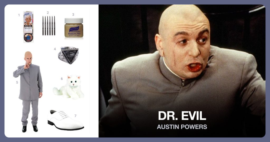 Bald Cap Complete Kit, Grey Eyebrow Pencil, Modeling/Scar Wax and Silver Pyramid Band beside Dr. Evil