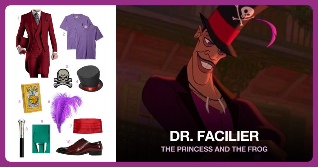 Burgundy Tailcoat Suit, Purple V-Neck Shirt, Skull and Crossbones Patch and Mad Hatter Hat beside Dr. Facilier