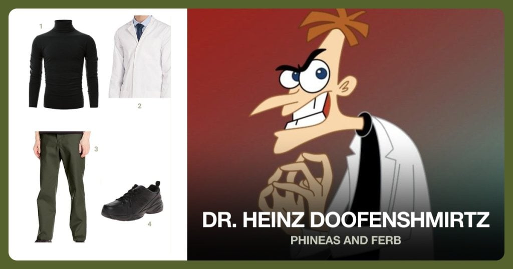 Ohoo Mens Pullover Turtleneck, Dr. James Lab Coat, Dickies Original 874 Work Pant and New Balance Training Shoe beside Dr. Heinz Doofenshmirtz