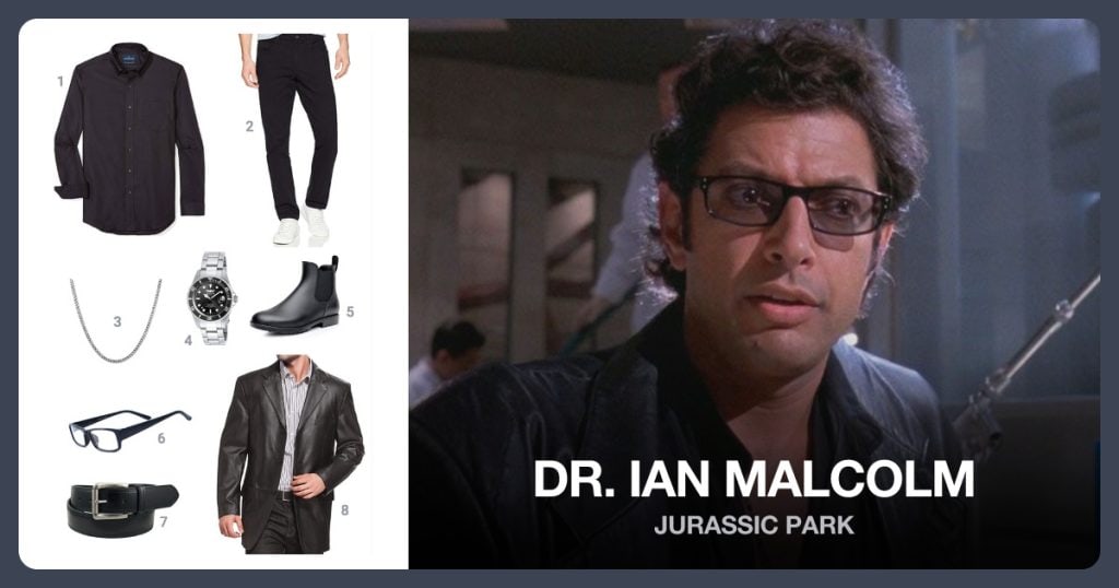 Dr. Ian Malcolm costume from Jurassic Park: Men’s Cotton Sport Shirt, Chino Pants, Stainless Steel Chain, Stainless Steel Watch