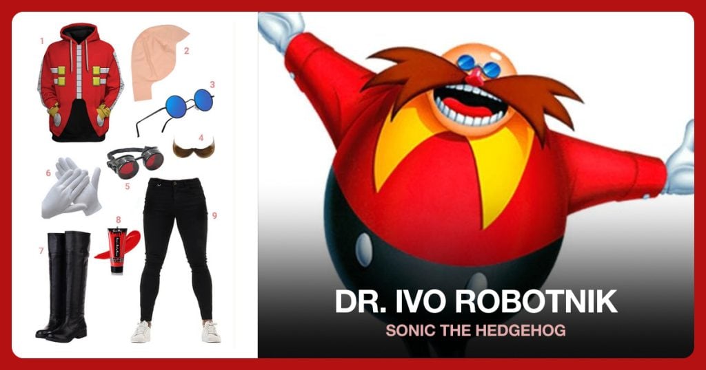 Brown Fisherman’s Fake Mustache, Bald Cap and Round Polarized Hippie Sunglasses beside Dr. Ivo Robotnik