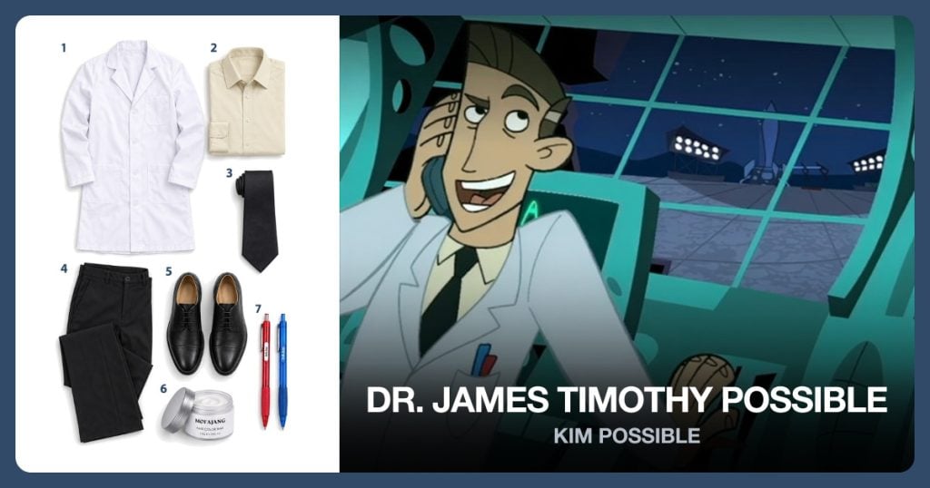 White Lab Coat, Cream Dress Shirt, Black Necktie and Black Dress Pants beside Dr. James Timothy Possible