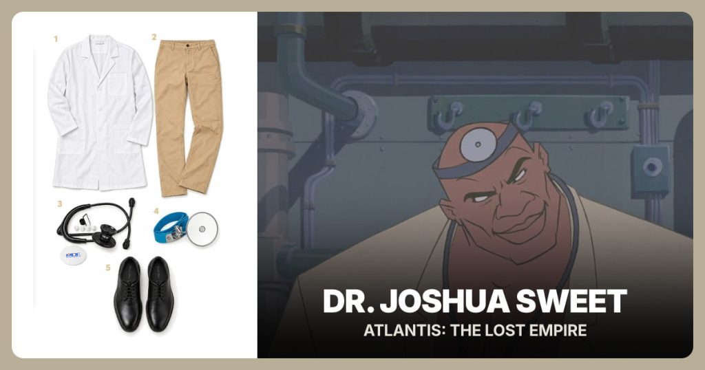 White Lab Coat, Dark Khaki Chinos, Black Stethoscope and Doctor’s Head Mirror beside Dr. Joshua Sweet