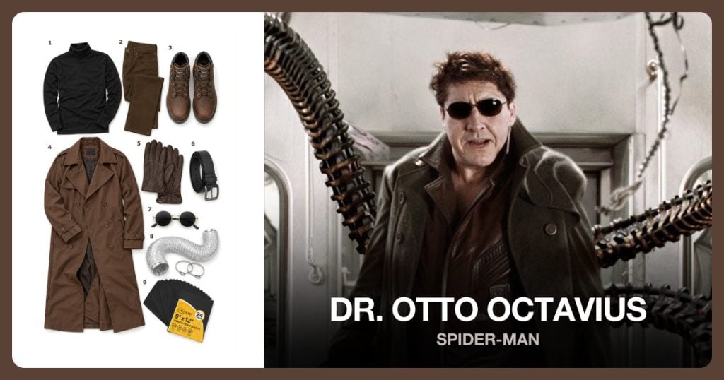 Black Turtleneck Shirt, Dark Brown Jeans, Brown Work Boots and Brown Trench Coat beside Dr. Otto Octavius