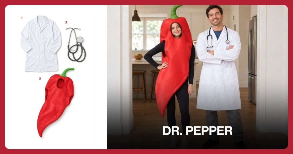 White Doctor Coat, Costume Stethoscope and Red Pepper Costume beside Dr. Pepper