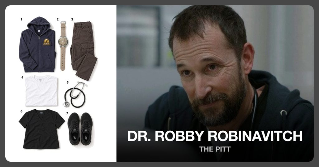 Beers Of The Burgh Hoodie, Military Field Watch, Brown Cargo Pants and White T-Shirt beside Dr. Robby Robinavitch