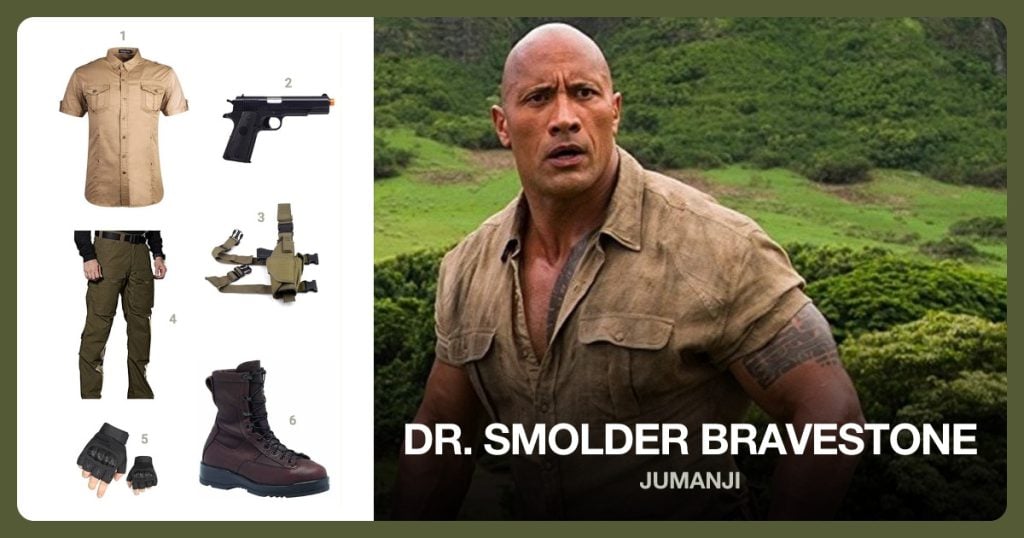 Men’s Short Sleeve Cargo Shirt, Air Soft Gun, Thigh Gun Holster and Men’s Tactical Pants beside Dr. Smolder Bravestone