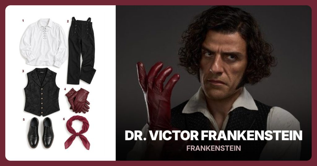 White Poet Shirt, Black Victorian Trousers, Black Victorian Waistcoat and Burgundy Leather Gloves beside Dr. Victor Frankenstein