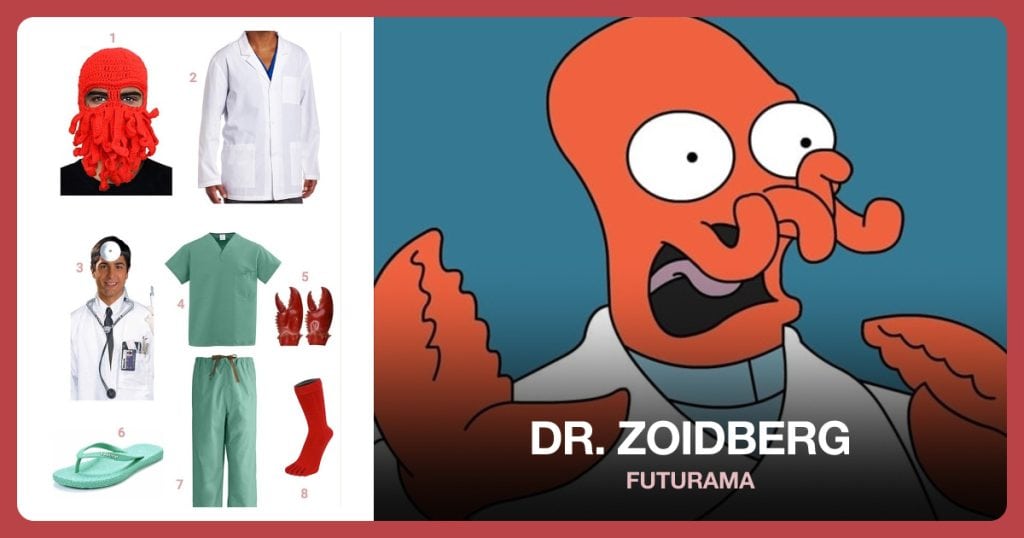 Funny Tentacle Octopus Beanie, Lab Coat, Doctor Costume Kit and Scrubs Top beside Dr. Zoidberg