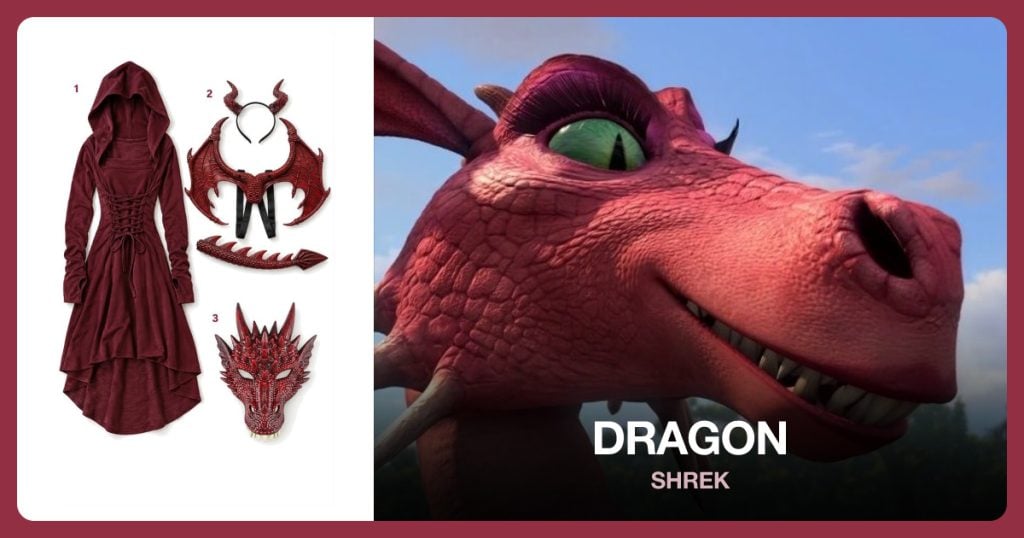 Red Hooded Dress, Dragon Wings Set and Dragon Mask beside Dragon