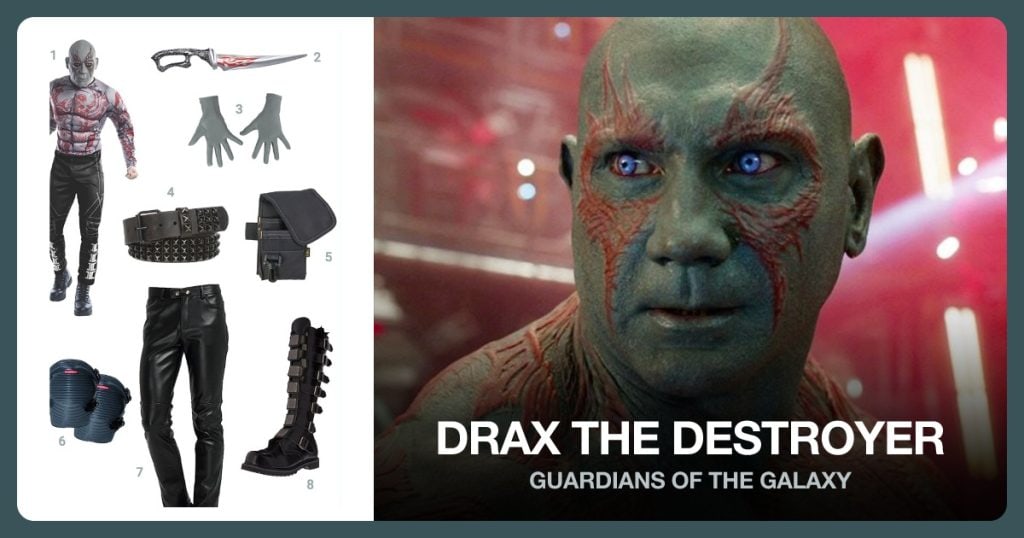 Drax The Destroyer Costume, Drax the Destroyer Dagger, Spandex Gloves and Black Studded Leather Belt beside Drax the Destroyer