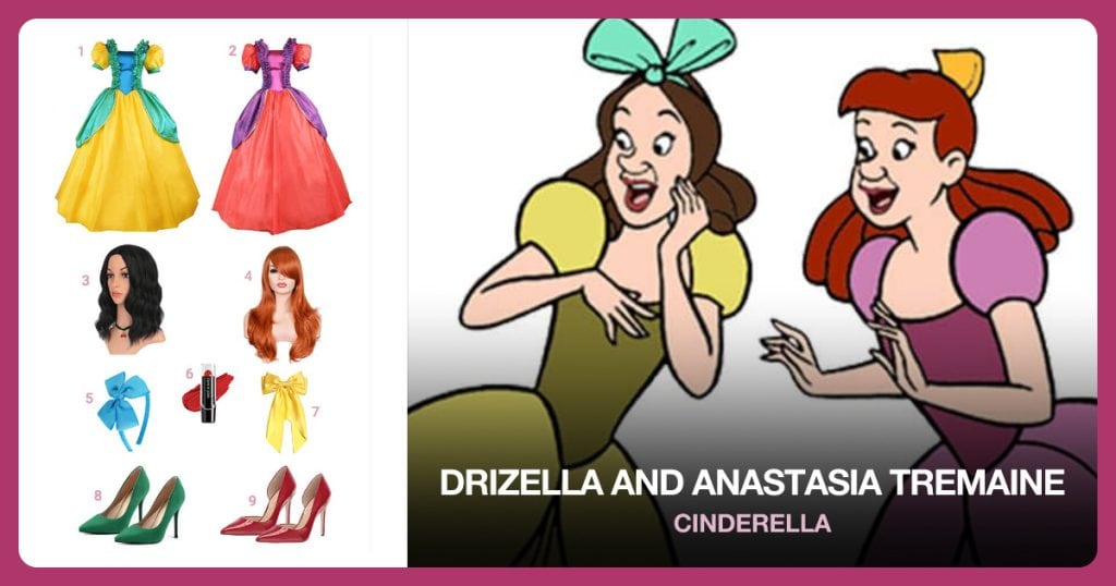 Yellow Drizella Costume Dress, Red Anastasia Costume Dress, Black Short Wavy Wig and Orange Long Wig with Bangs beside Drizella and Anastasia Tremaine