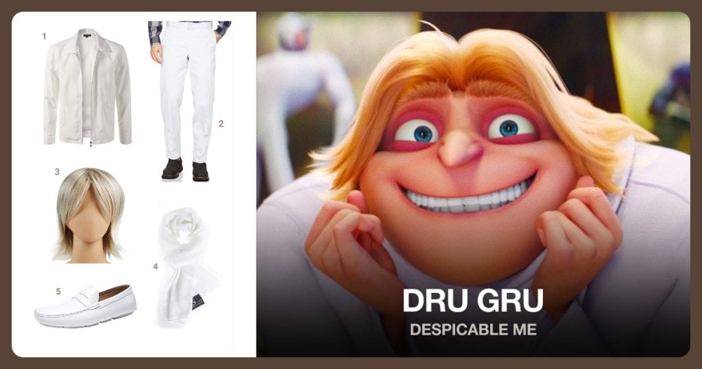 Dru Gru costume from Despicable Me: Men’s Lightweight Jacket, Men’s Work Pant, Cosplay Wig, Cold Weather Scarf
