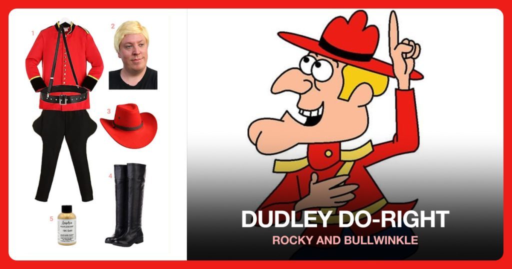 Men’s Canadian Mountie Costume, Yellow Wig for Men and Red Western Cowboy Hat beside Dudley Do-Right