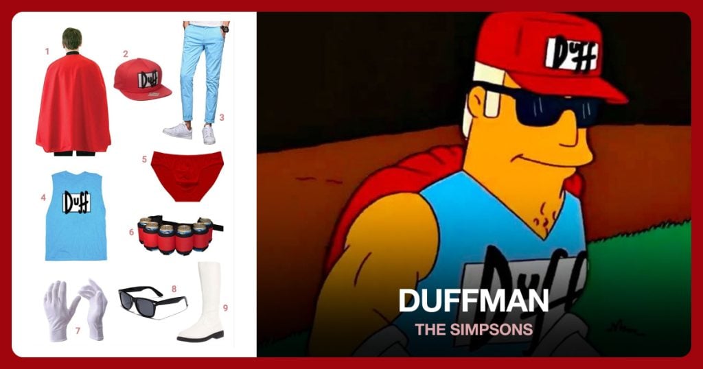 Red Cape, Duffman Hat, Light Blue Pants and Duffman Shirt beside Duffman