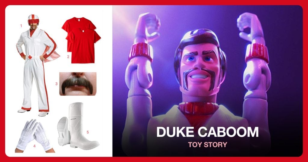 Duke Caboom Costume, Red T-Shirt, Brown Mustache and White Gloves beside Duke Caboom