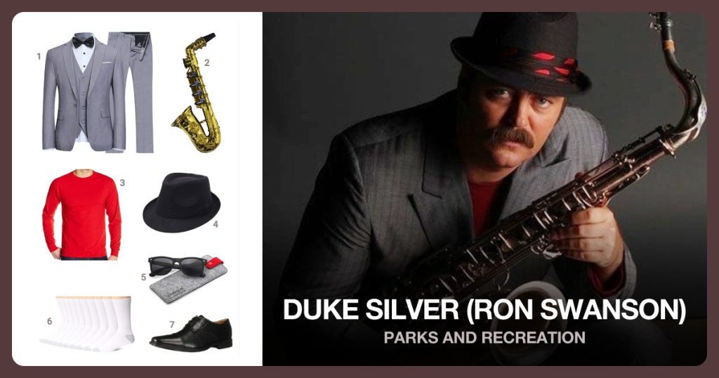 Grey Three Piece Suit, Toy Saxophone, Red Long-sleeved Under Shirt and Black Fedora beside Duke Silver (Ron Swanson)