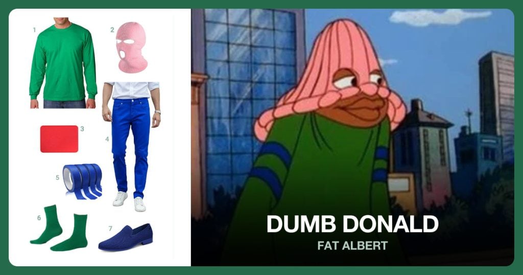 Green Cotton Long Sleeve, 3 Hole Winter Knitted Mask, Red Iron-on Patches and Blue Slim-Fit Stretch Jean beside Dumb Donald