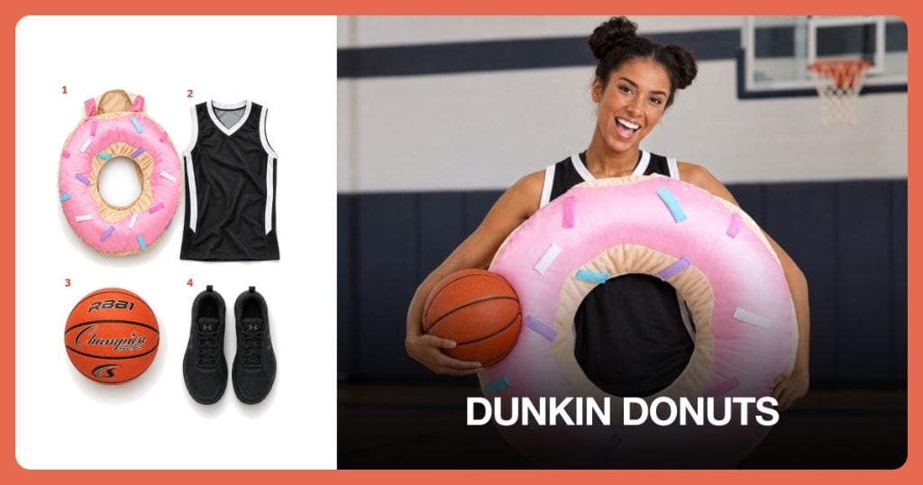 Pink Donut Costume, Black Basketball Jersey, Rubber Basketball and Athletic Sneakers beside Dunkin Donuts