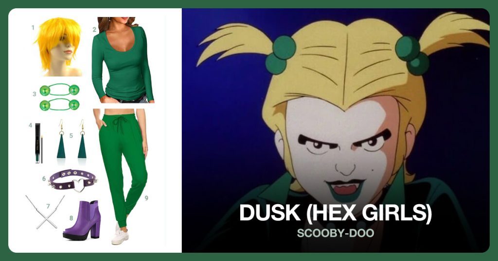 Yellow Wig, Green Scoop Neck Shirt, Ponytail Balls Hair Ties and Green Lipstick beside Dusk (Hex Girls)