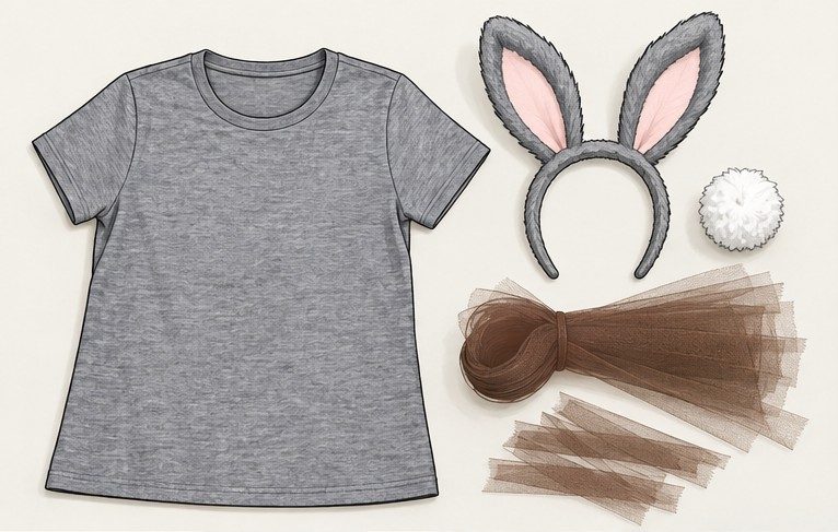 Gray tee, bunny ears, rabbit tail pom-pom and brown tulle ribbon laid out for a Dust Bunny costume