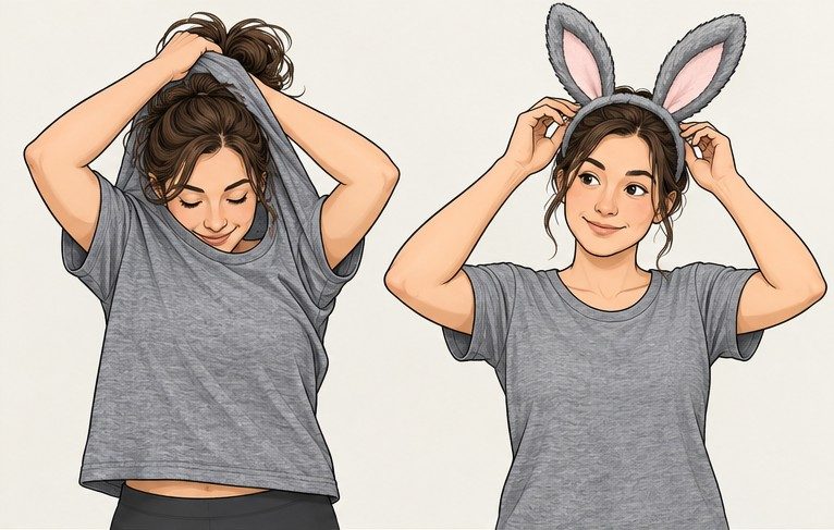 Person putting on the gray tee and bunny ears for a Dust Bunny costume