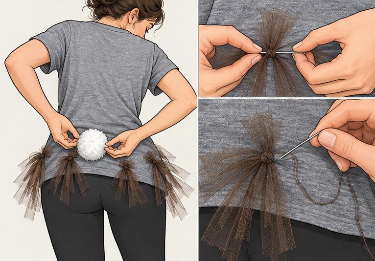 Attaching the rabbit tail pom-pom and hand-stitching short brown tulle dust bundles