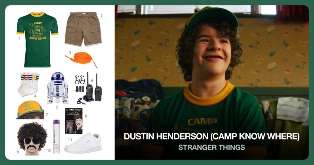 Camp Know Where Shirt, Hiking Cargo Shorts, Orange Shoelaces and Sports Tube Socks beside Dustin (Camp Know Where)