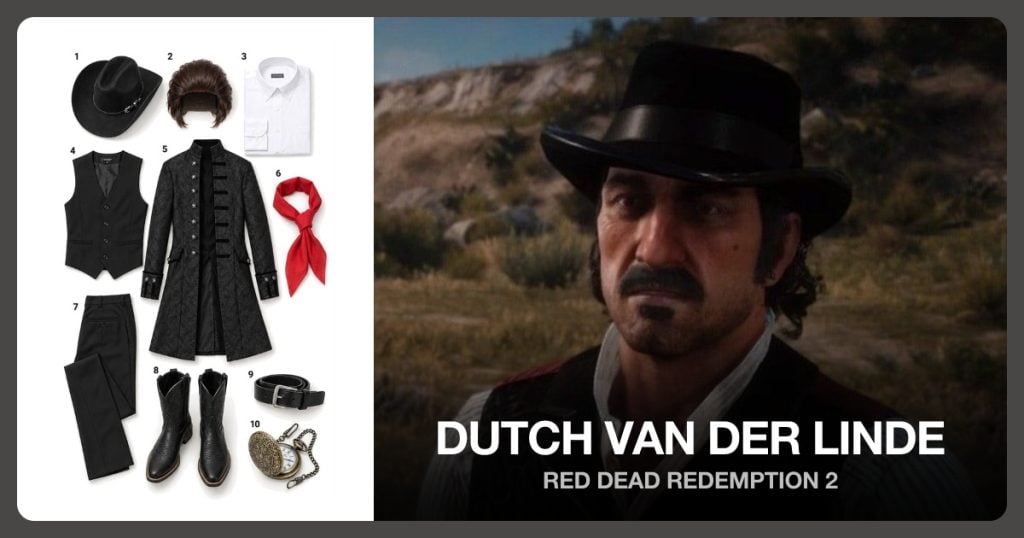 Black wide-brim cowboy hat, Long slicked-back dark brown wig and White high-collar dress shirt beside Dutch van der Linde