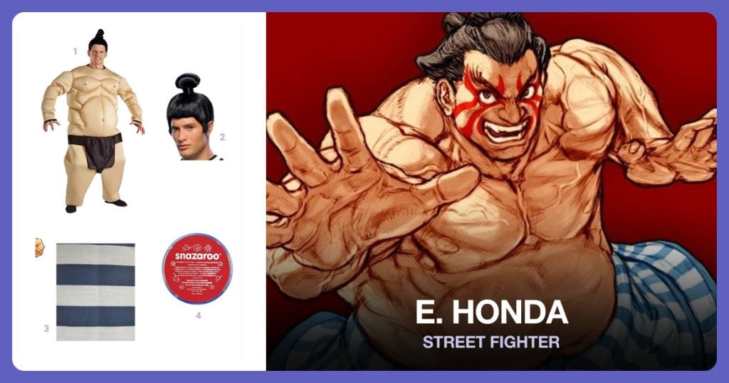 Sumo Suit, Japanese Samurai Wig, Vertical Stripe White/Navy Fabric and Red Face Paint beside E. Honda