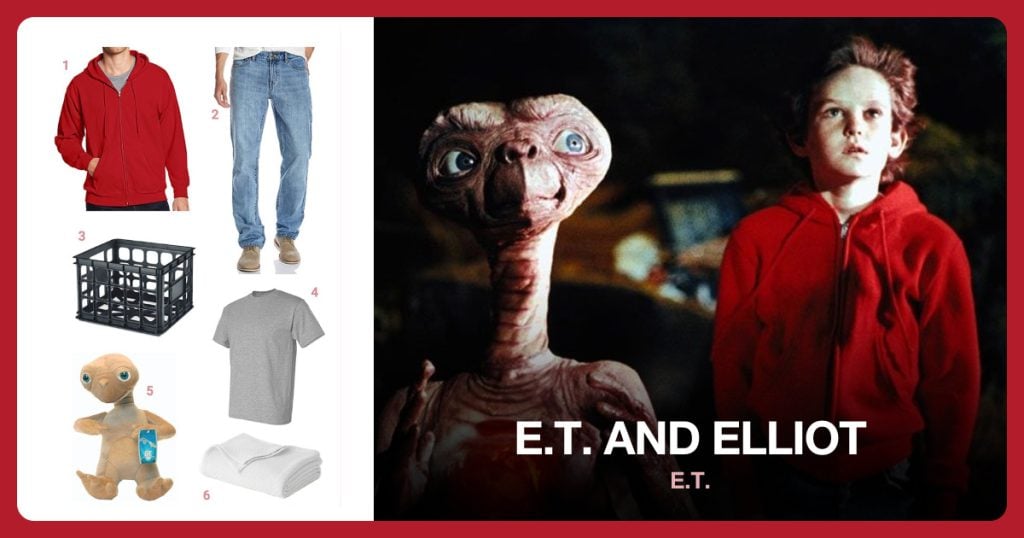Red Hoodie, Light Blue Jeans, Black Plastic Crate and Grey Shirt beside E.T. and Elliot