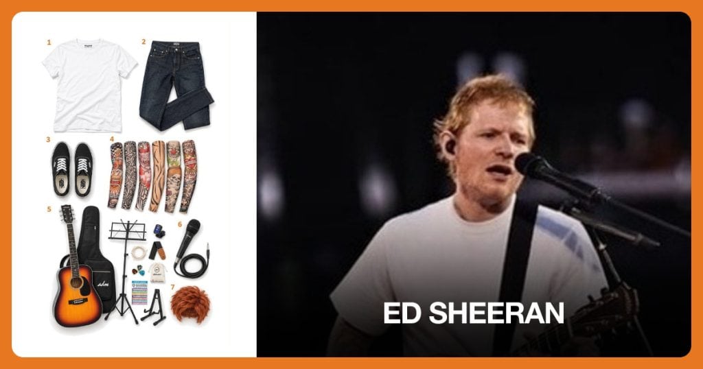 White Crew T-Shirt, Dark Blue Jeans, Black Low Top Sneakers and Tattoo Arm Sleeves beside Ed Sheeran