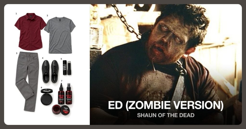 Burgundy Short Sleeve Shirt, Gray Crewneck T-Shirt, Charcoal Slim Pants and Black Lace Up Sneakers beside Ed (Zombie Version)