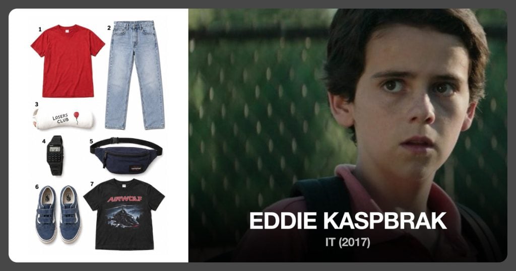 Nautica Red Short-Sleeve T-Shirt, Blue Light Stonewash Jeans, Costume Arm Cast and Casio Calculator Watch beside Eddie Kaspbrak