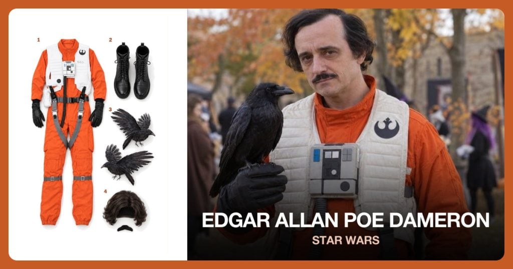 Orange Resistance Pilot Set, Black Combat Costume Boots, Black Raven Props and Poe Wig and Mustache Set beside Edgar Allan Poe Dameron