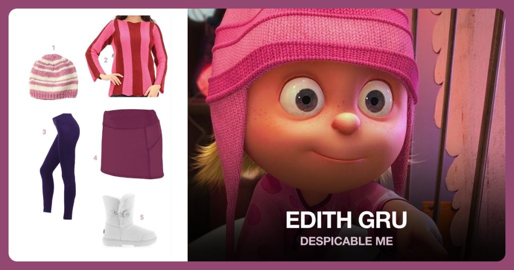 Edith Gru costume from Despicable Me: Pink Striped Beanie, Women’s Pullover Sweater, Women’s Seamless Tights, Augusta Sportswear Skirt