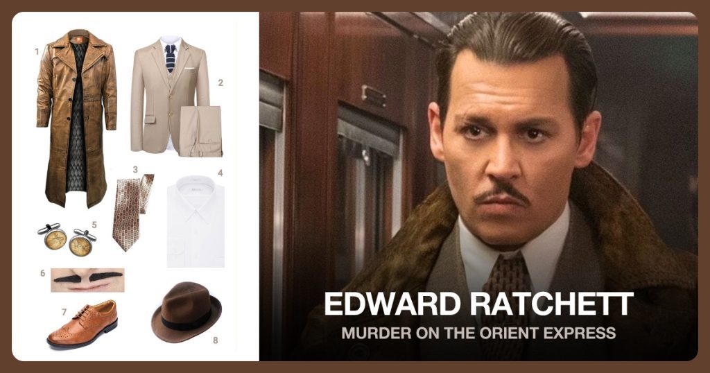 Brown Trench Coat, Men’s Slim Fit Suit, Handmade Necktie and Dress Shirt beside Edward Ratchett