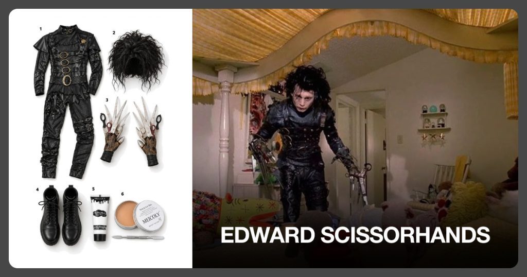 Edward Scissorhands Costume Set, Edward Scissorhands Wig, Scissor Hands Gloves and Black Combat Boots beside Edward Scissorhands