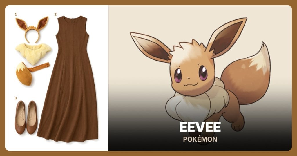 Eevee Accessory Kit, Brown Sleeveless Dress and Brown Ballet Flats beside Eevee