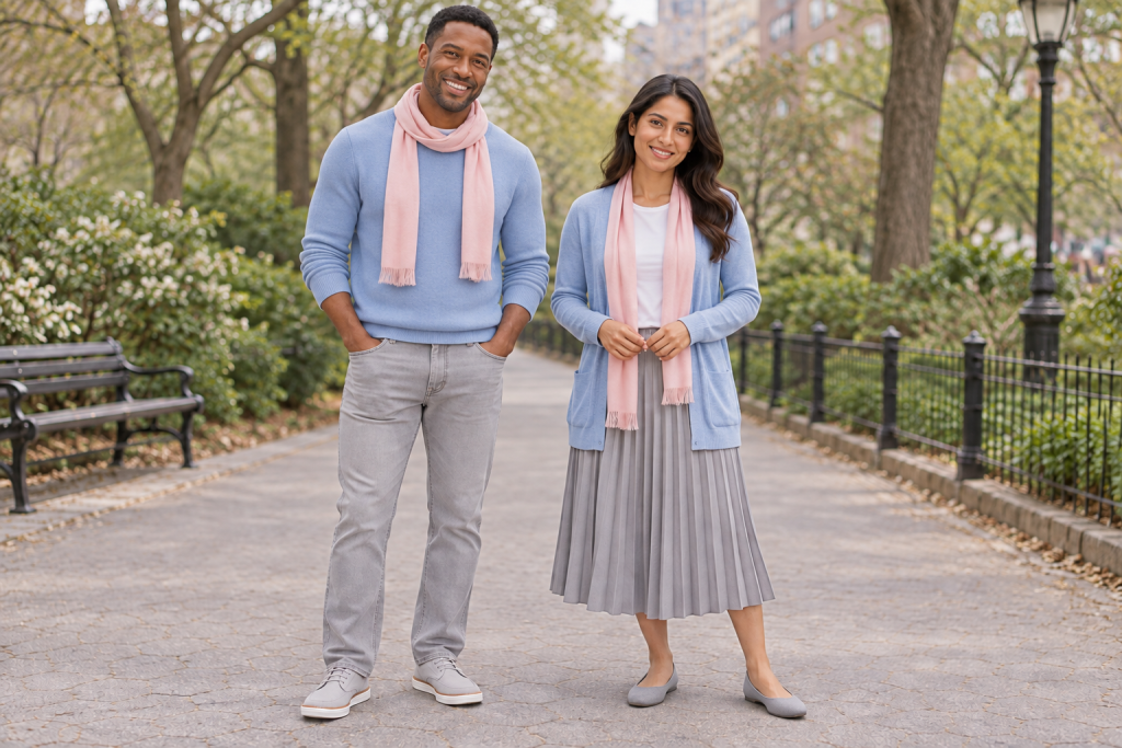 Two adults wearing Eeyore-inspired everyday outfits, shown head to toe.